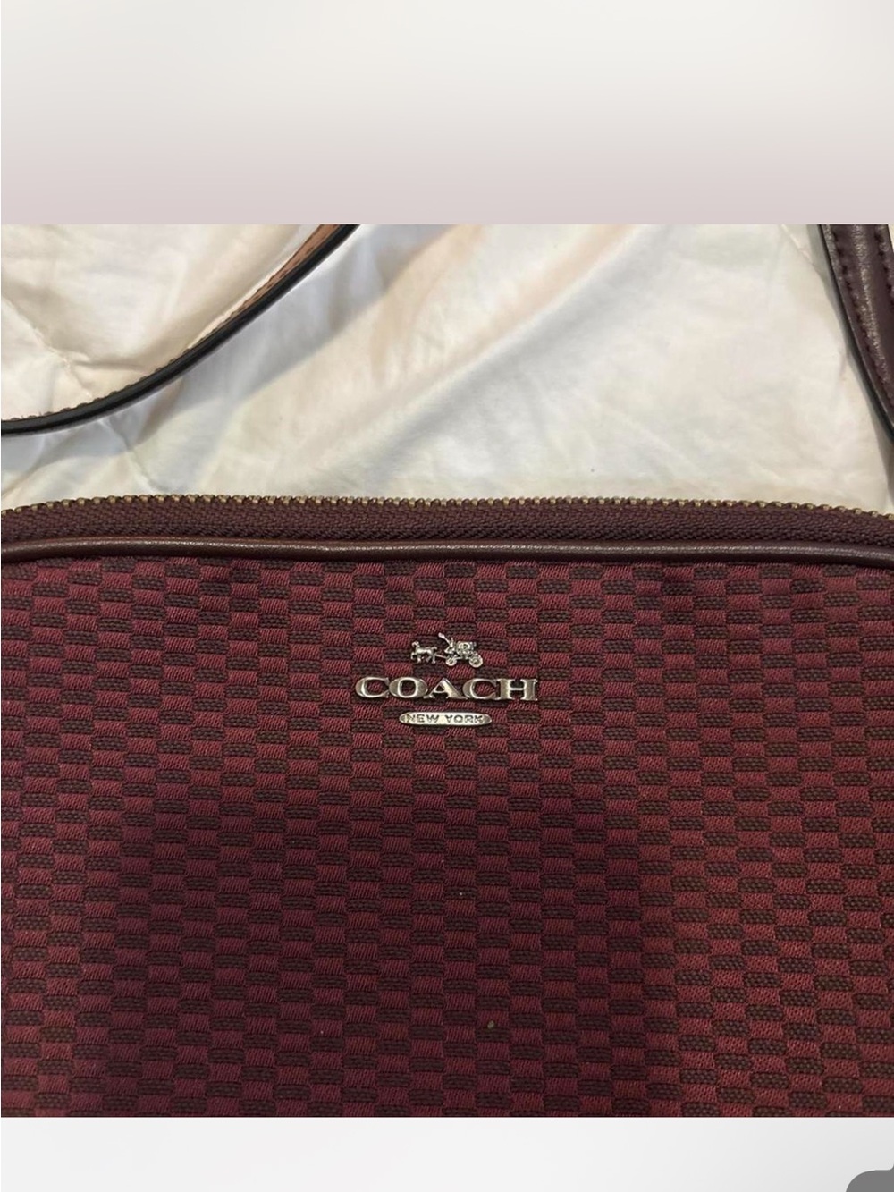 Coach Burgundy Checker Crossbody Bag with Silver Logo